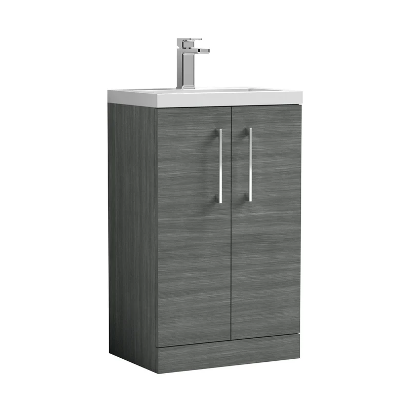 Nuie Arno Compact 500mm Floor Standing 2 Door Vanity & Ceramic Basin Contemporary Anthracite Woodgrain MFC Textured Woodgrain 840x510x360mm