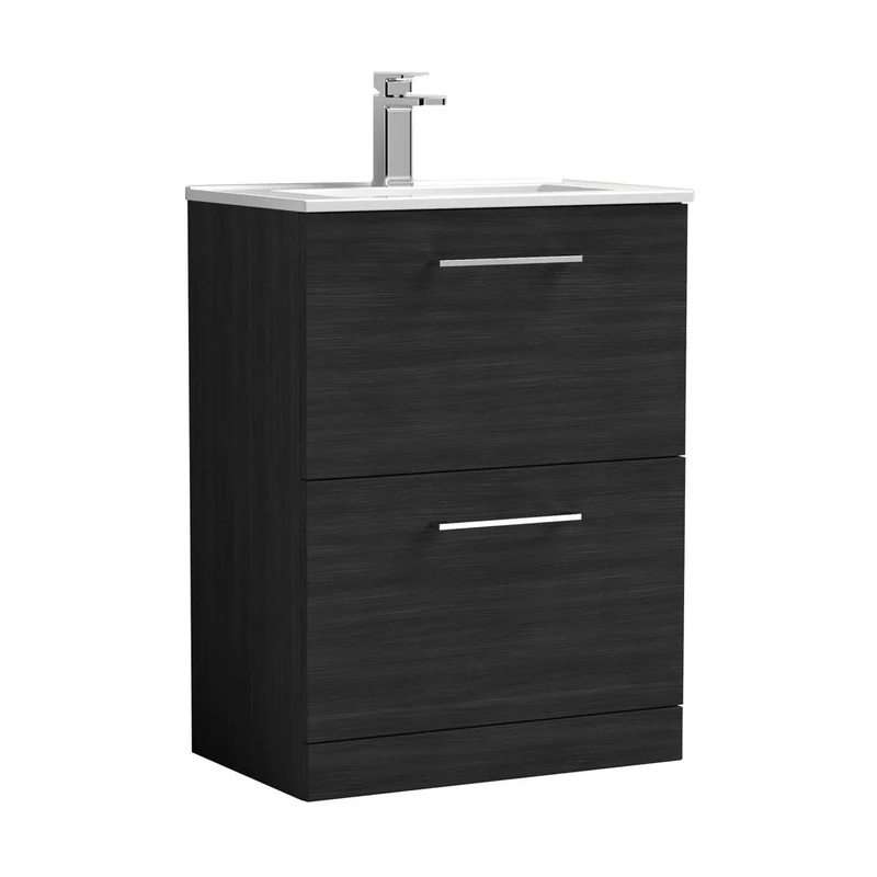 Nuie Arno 600mm Floor Standing 2 Drawer Vanity & Basin 2 Contemporary Charcoal Black MFC 818x600x390mm