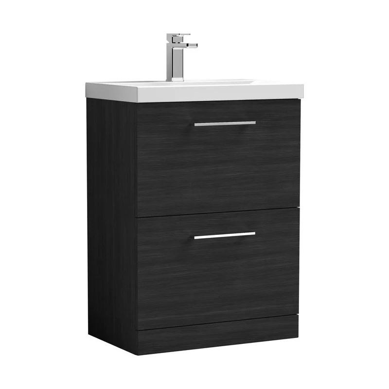 Nuie Arno 600mm Floor Standing 2 Drawer Vanity & Basin 1 Contemporary Charcoal Black MFC 840x610x390mm