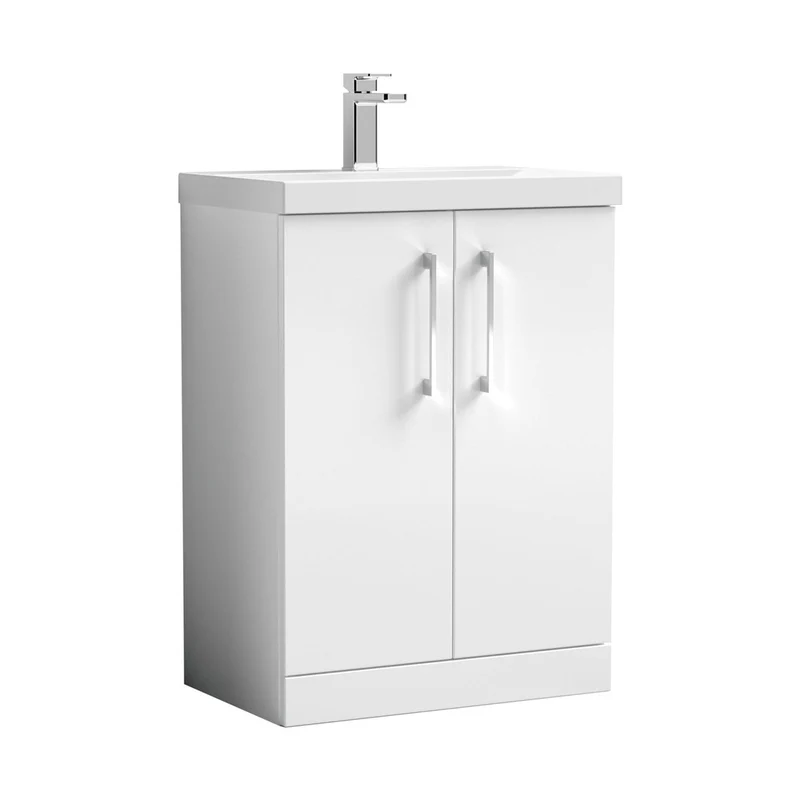 Nuie Arno 600mm Floor Standing 2 Door Vanity & Basin 1 Contemporary Gloss White MFC 840x610x390mm