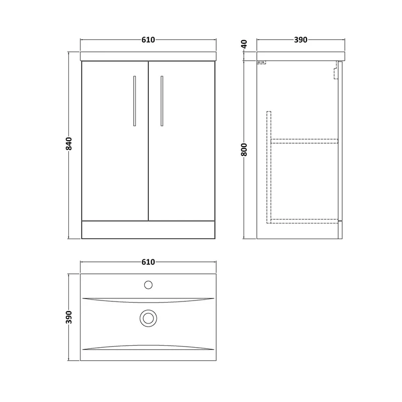 Nuie Arno 600mm Floor Standing 2 Door Vanity & Basin 1 Contemporary Gloss White MFC 840x610x390mm