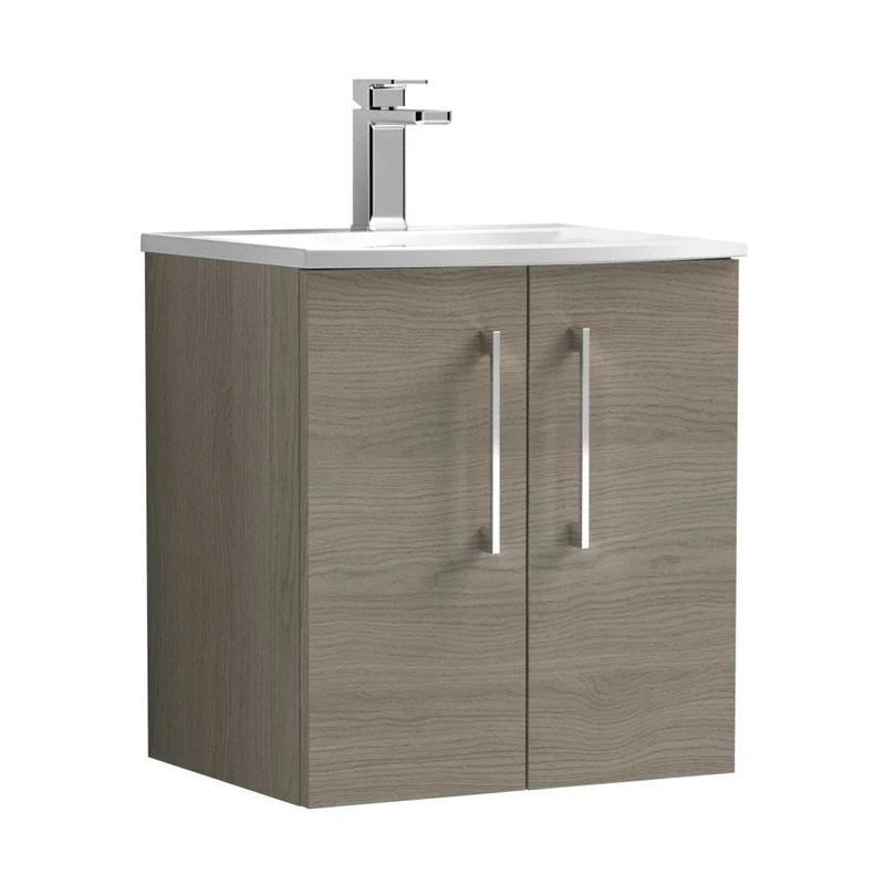 Nuie Arno 500mm Wall Hung 2 Door Vanity & Basin 4 Contemporary Solace Oak 569x510x440mm