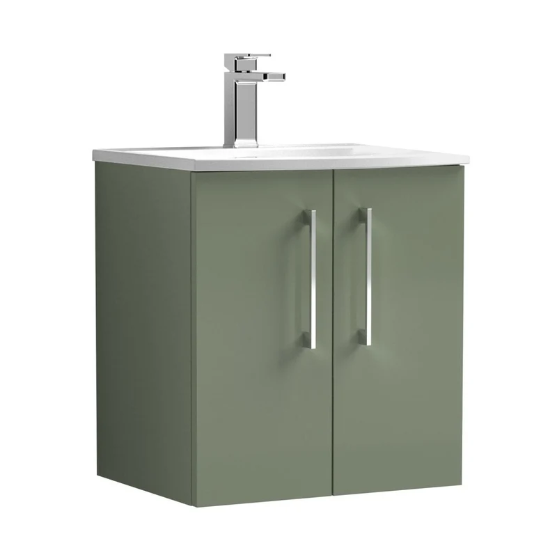 Nuie Arno 500mm Wall Hung 2 Door Vanity & Basin 4 Contemporary Satin Green 570x510x440mm