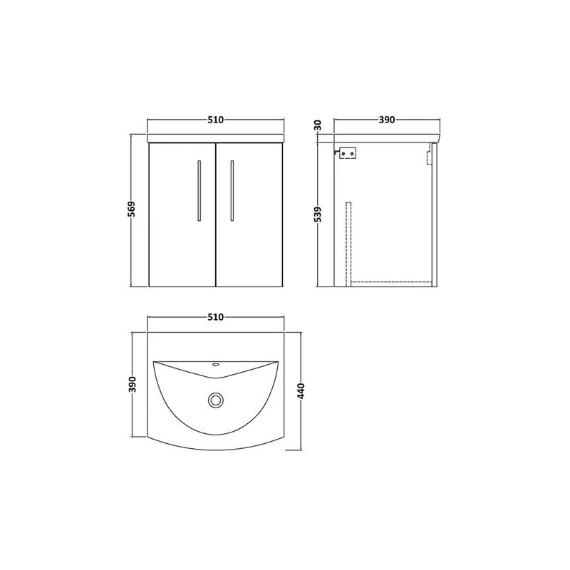Nuie Arno 500mm Wall Hung 2-door Vanity & Basin 4 Contemporary Midnight Blue 570x510x440mm