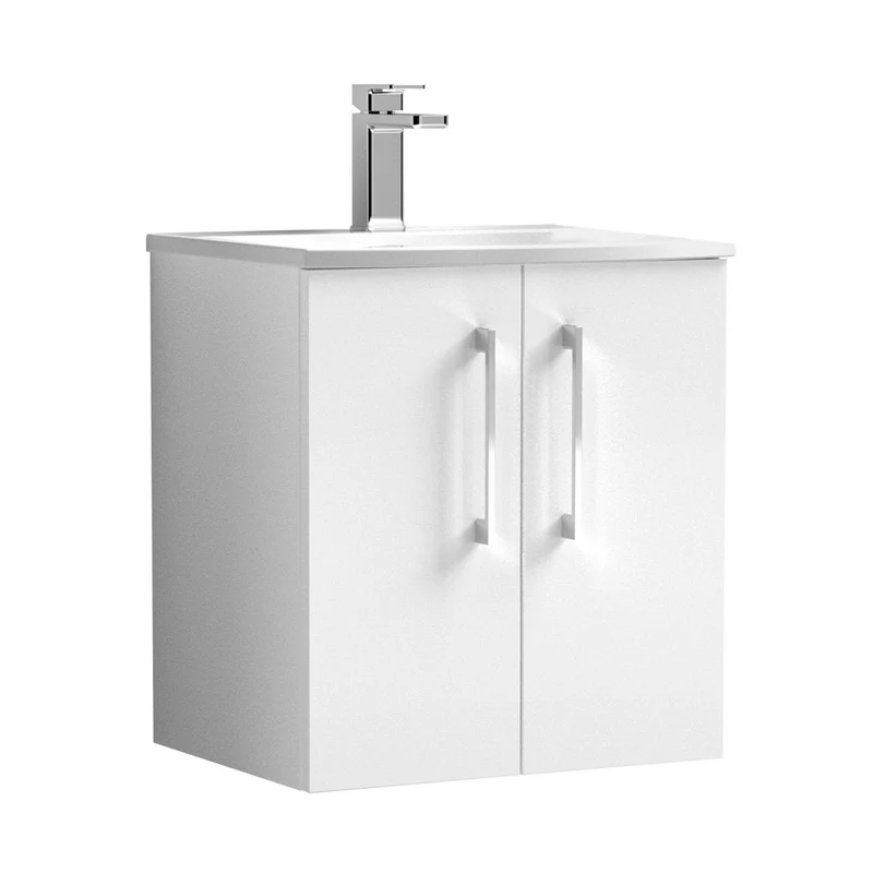 Nuie Arno 500mm Wall Hung 2 Door Vanity & Basin 4 Contemporary Gloss White MFC Painted Gloss 569x510x440mm