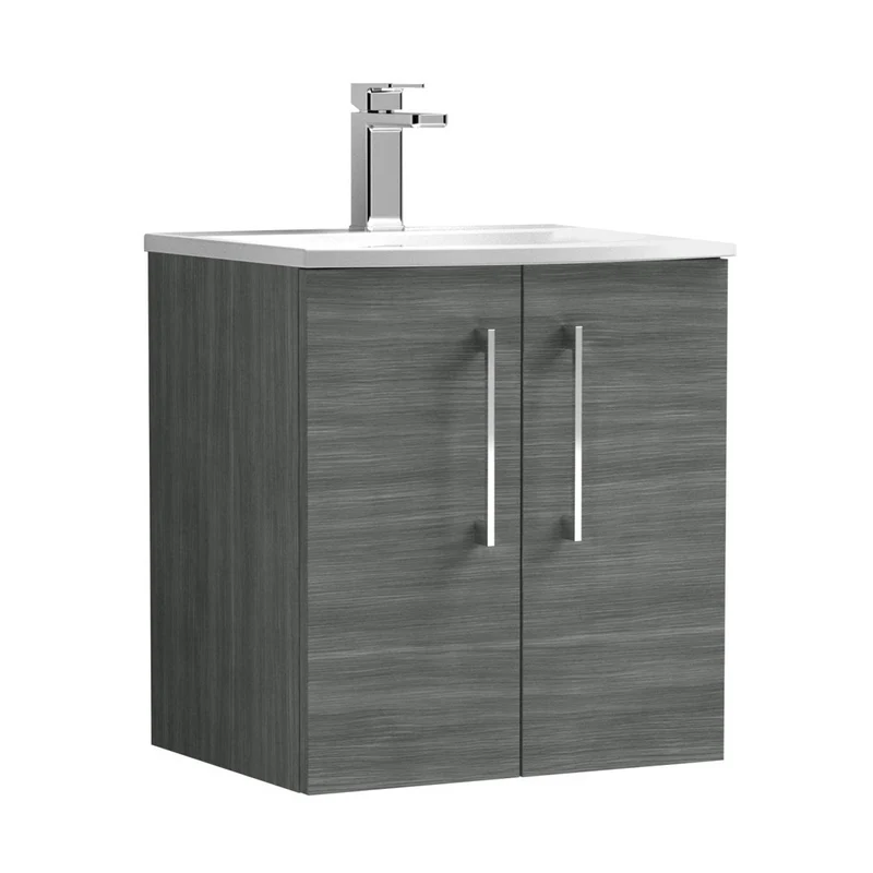 Nuie Arno 500mm Wall Hung 2 Door Vanity & Basin 4 Contemporary Anthracite Woodgrain 569x510x440mm