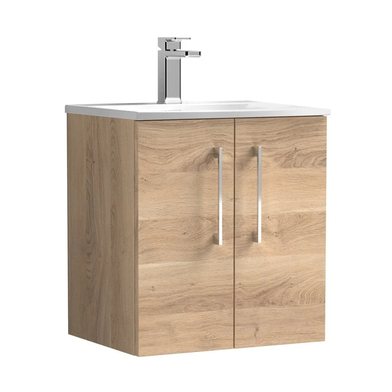 Nuie Arno 500mm Wall Hung 2-door Vanity & Basin 4 Contemporary Bleached Oak MFC Textured Woodgrain 570x510x440mm