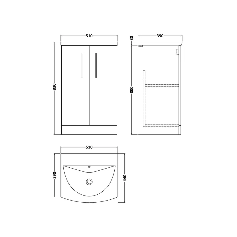 Nuie Arno 500mm Floor Standing 2 Door Vanity & Basin 4 Contemporary Soft Black MFC 830x510x440mm