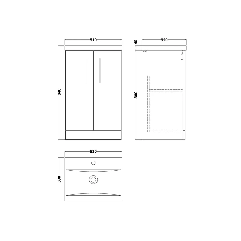 Nuie Arno 500mm Floor Standing 2 Door Vanity & Basin 1 Contemporary Soft Black MFC 840x510x390mm