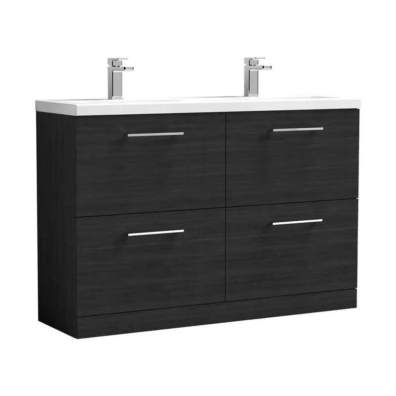 Nuie Arno 1200mm Floor Standing 4 Drawer Vanity & Double Basin Contemporary Charcoal Black MFC Textured Woodgrain 840x1205x383mm - ARN633F