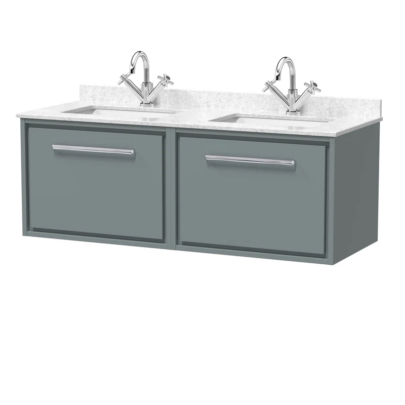 Lille 1200mm Wall Hung 2 Drawer Vanity Unit & White Marble Worktop & 2 Ceramic Bowls - Coastal Grey Matt