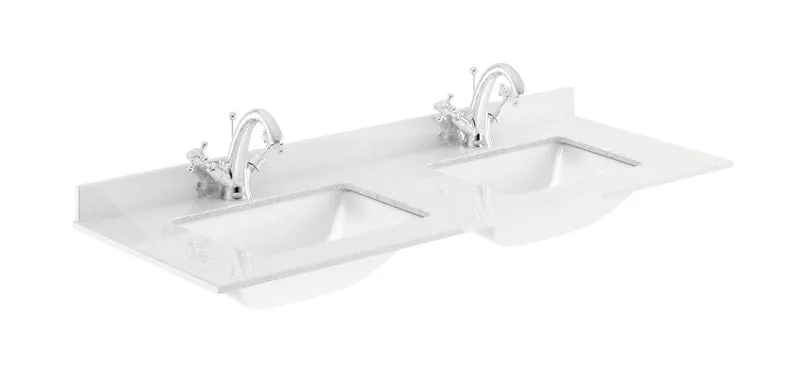 Lille 1200mm Wall Hung 2 Drawer Vanity Unit & White Marble Worktop & 2 Ceramic Bowls - Coastal Grey Matt