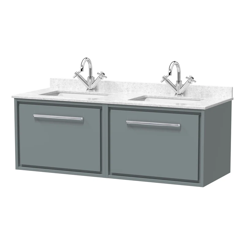 Lille 1200mm Wall Hung 2 Drawer Vanity Unit & White Marble Worktop & 2 Ceramic Bowls - Coastal Grey Matt