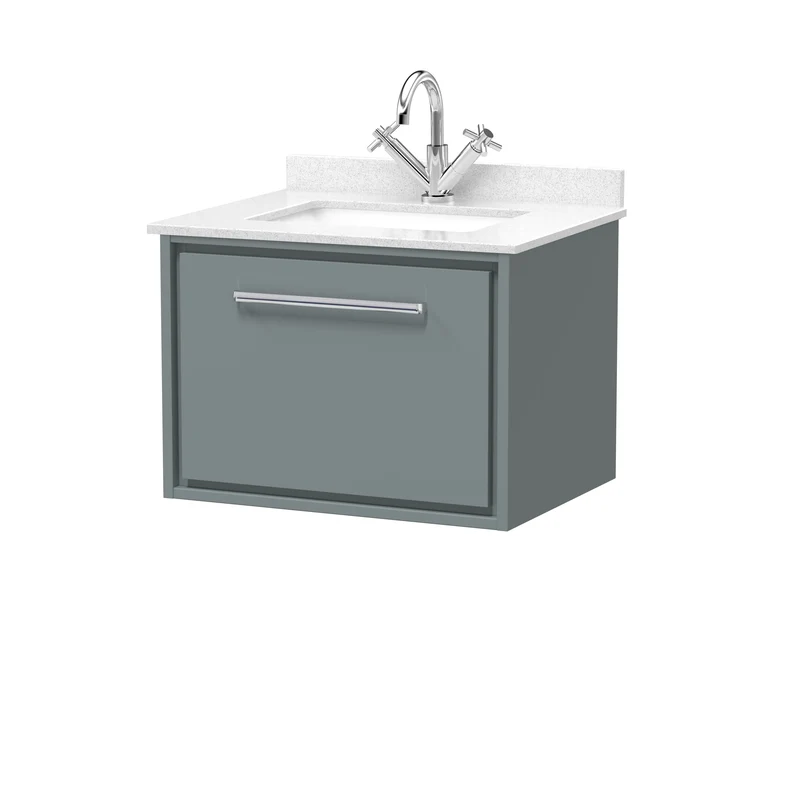 Lille 600mm Wall Hung 1 Drawer Vanity Unit & White Marble Worktop & Ceramic Bowl - Coastal Grey Matt