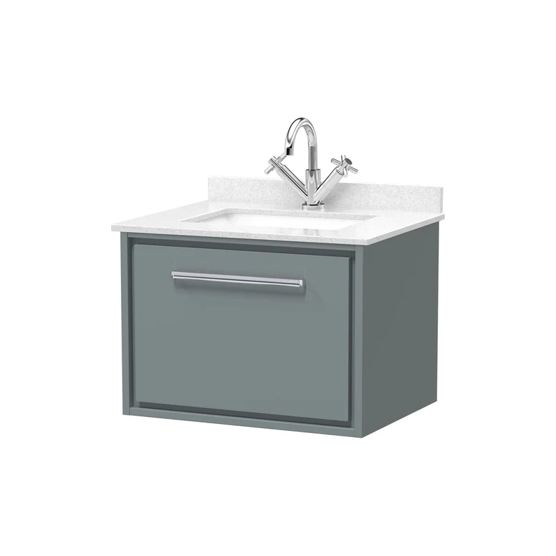 Lille 600mm Wall Hung 1 Drawer Vanity Unit & White Marble Worktop & Ceramic Bowl - Coastal Grey Matt
