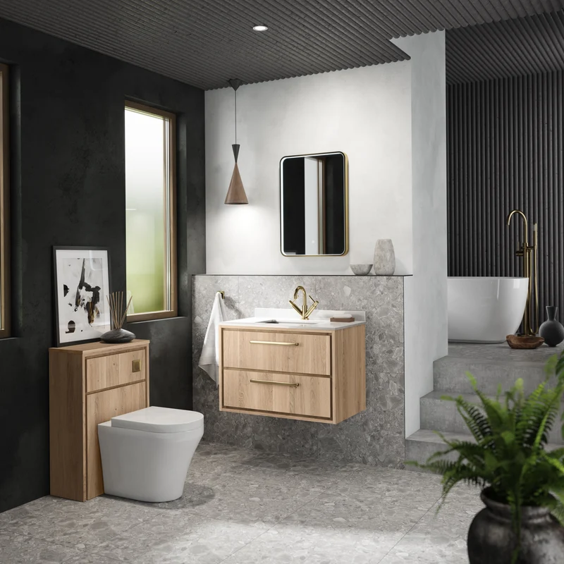 Lille 800mm Wall Hung 2 Drawer Vanity Unit & White Marble Worktop & Ceramic Bowl - Bleached Oak Woodgrain