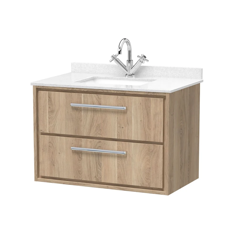 Lille 800mm Wall Hung 2 Drawer Vanity Unit & White Marble Worktop & Ceramic Bowl - Bleached Oak Woodgrain