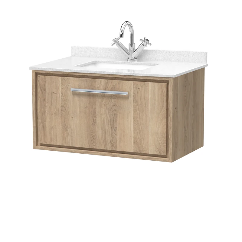 Lille 800mm Wall Hung 1 Drawer Vanity Unit & White Marble Worktop & Ceramic Bowl - Bleached Oak Woodgrain