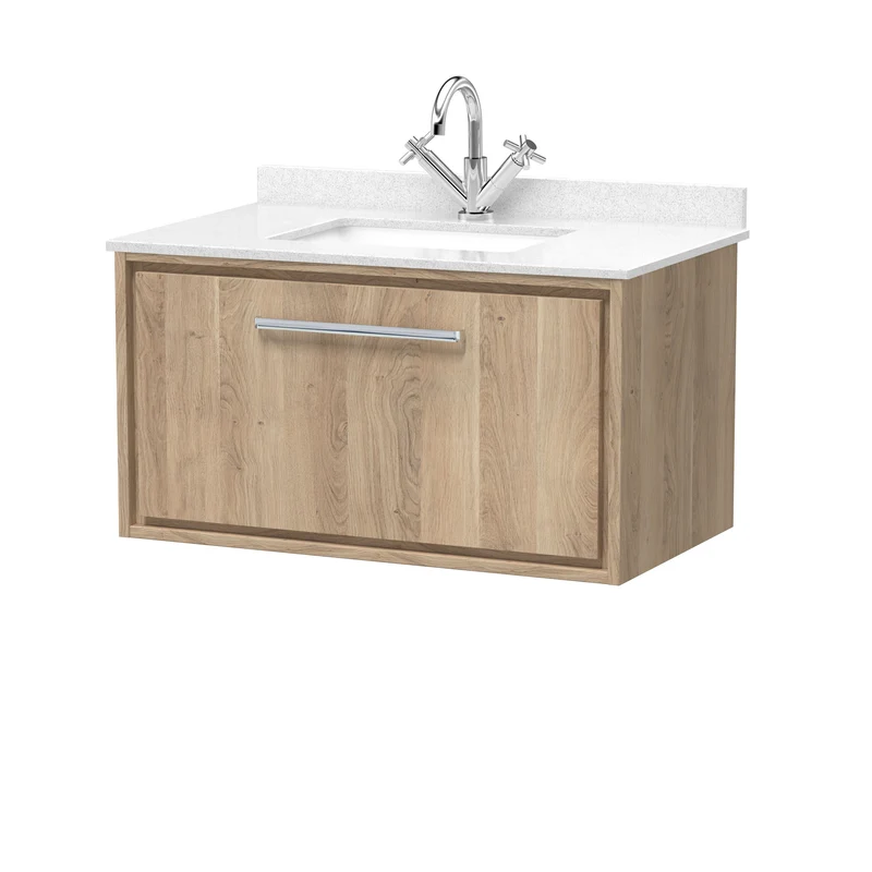 Lille 800mm Wall Hung 1 Drawer Vanity Unit & White Marble Worktop & Ceramic Bowl - Bleached Oak Woodgrain