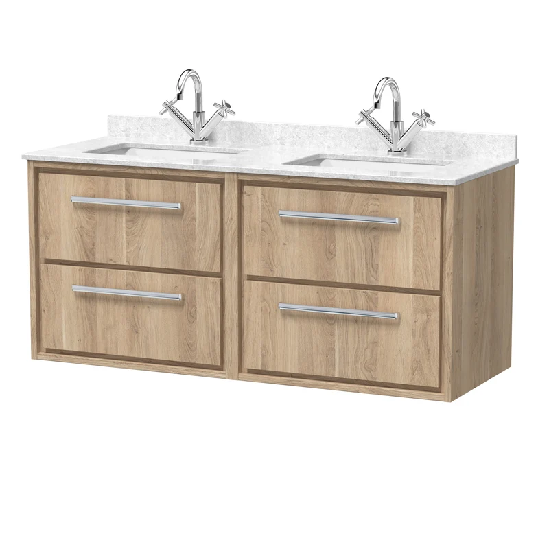 Lille 1200mm Wall Hung 4 Drawer Vanity Unit & White Marble Worktop & 2 Ceramic Bowls - Bleached Oak Woodgrain