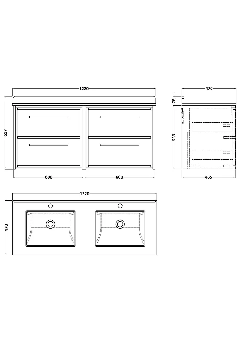 Lille 1200mm Wall Hung 4 Drawer Vanity Unit & White Marble Worktop & 2 Ceramic Bowls - Bleached Oak Woodgrain