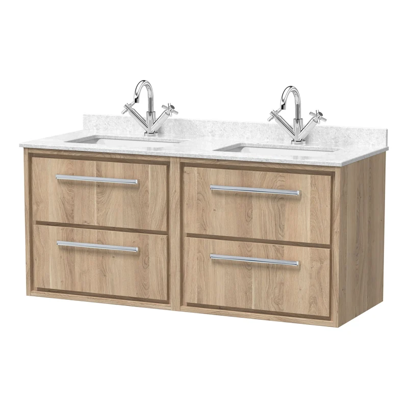 Lille 1200mm Wall Hung 4 Drawer Vanity Unit & White Marble Worktop & 2 Ceramic Bowls - Bleached Oak Woodgrain