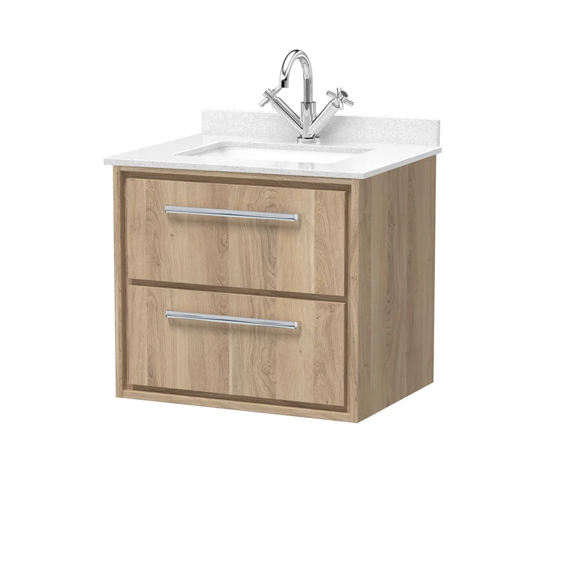 Lille 600mm Wall Hung 2 Drawer Vanity Unit & White Marble Worktop & Ceramic Bowl - Bleached Oak Woodgrain