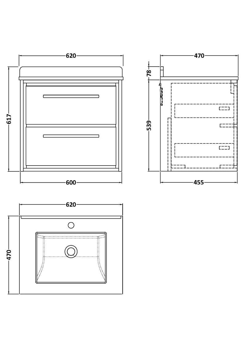 Lille 600mm Wall Hung 2 Drawer Vanity Unit & White Marble Worktop & Ceramic Bowl - Bleached Oak Woodgrain