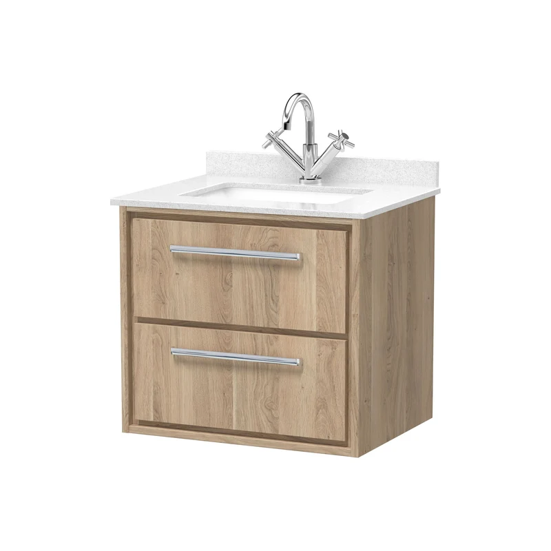 Lille 600mm Wall Hung 2 Drawer Vanity Unit & White Marble Worktop & Ceramic Bowl - Bleached Oak Woodgrain
