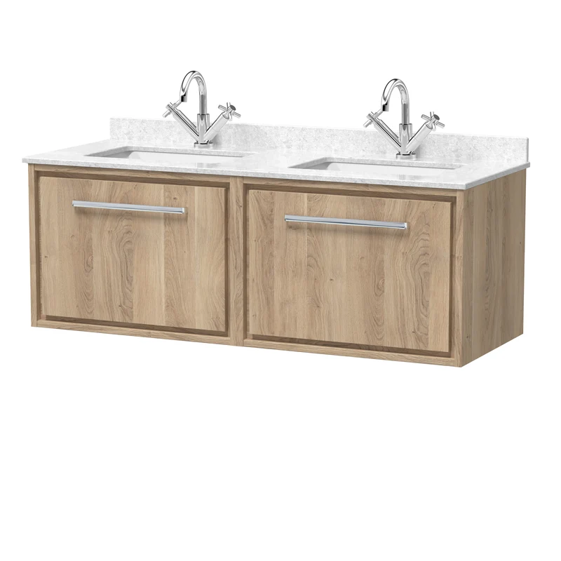 Lille 1200mm Wall Hung 2 Drawer Vanity Unit & White Marble Worktop & 2 Ceramic Bowls - Bleached Oak Woodgrain