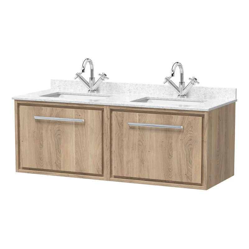 Lille 1200mm Wall Hung 2 Drawer Vanity Unit & White Marble Worktop & 2 Ceramic Bowls - Bleached Oak Woodgrain