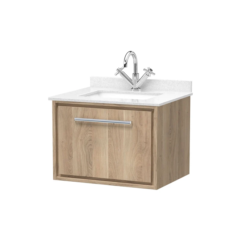 Lille 600mm Wall Hung 1 Drawer Vanity Unit & White Marble Worktop & Ceramic Bowl - Bleached Oak Woodgrain
