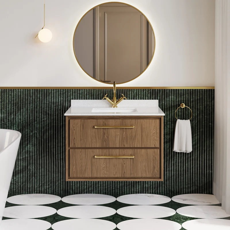 Lille 800mm Wall Hung 2 Drawer Vanity Unit & White Marble Worktop & Ceramic Bowl - Antique Oak Woodgrain
