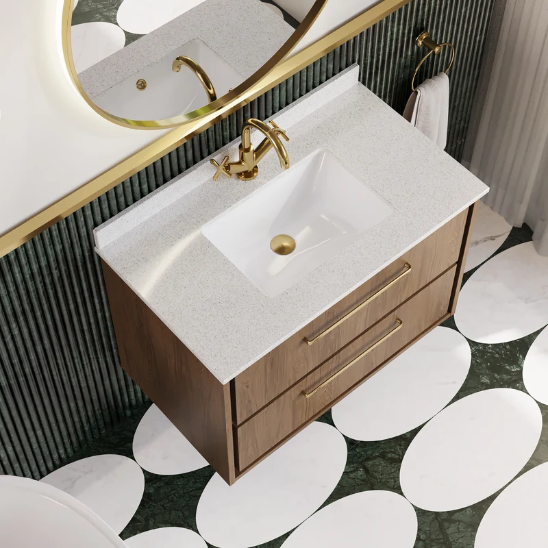 Lille 800mm Wall Hung 2 Drawer Vanity Unit & White Marble Worktop & Ceramic Bowl - Antique Oak Woodgrain