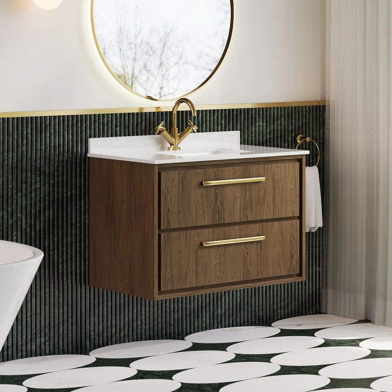 Lille 800mm Wall Hung 2 Drawer Vanity Unit & White Marble Worktop & Ceramic Bowl - Antique Oak Woodgrain