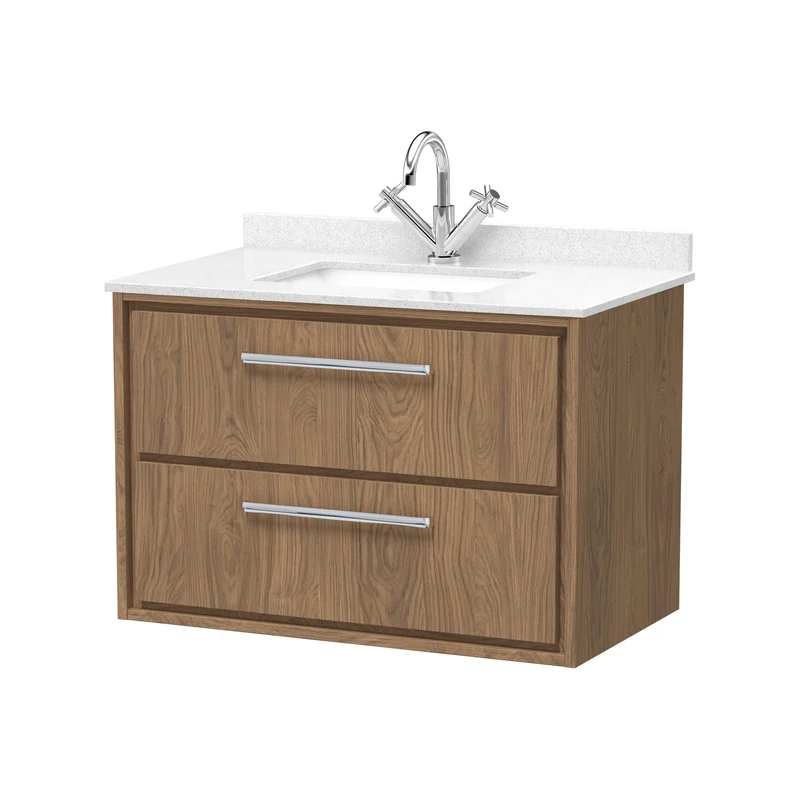 Lille 800mm Wall Hung 2 Drawer Vanity Unit & White Marble Worktop & Ceramic Bowl - Antique Oak Woodgrain