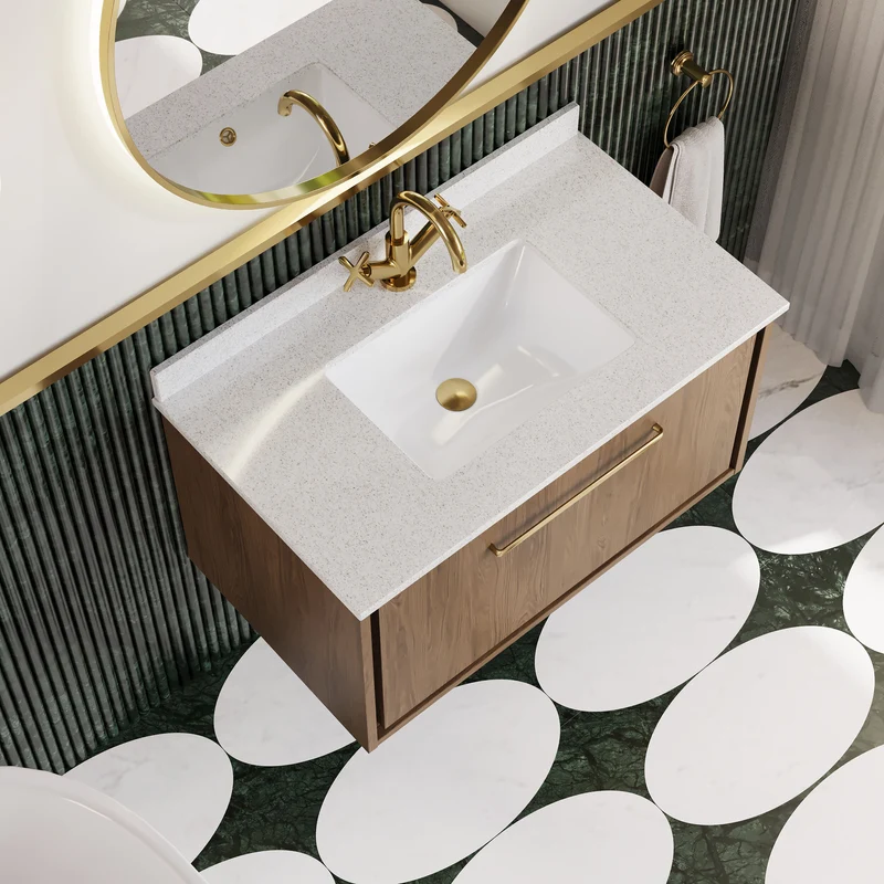 Lille 800mm Wall Hung 1 Drawer Vanity Unit & White Marble Worktop & Ceramic Bowl - Antique Oak Woodgrain