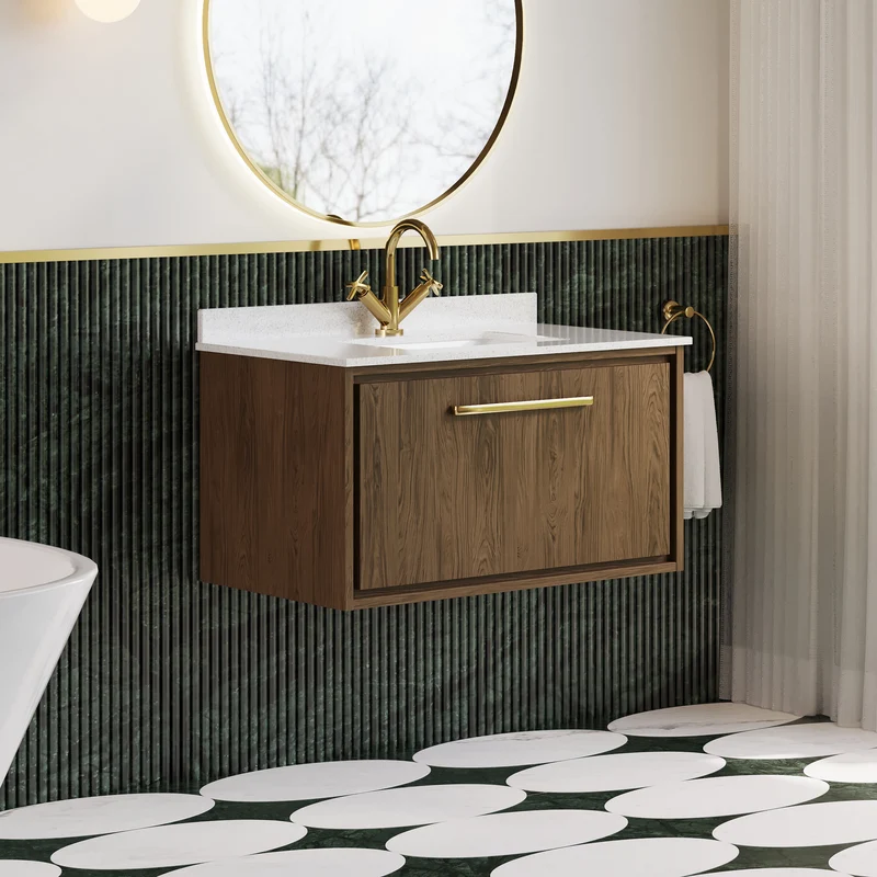 Lille 800mm Wall Hung 1 Drawer Vanity Unit & White Marble Worktop & Ceramic Bowl - Antique Oak Woodgrain