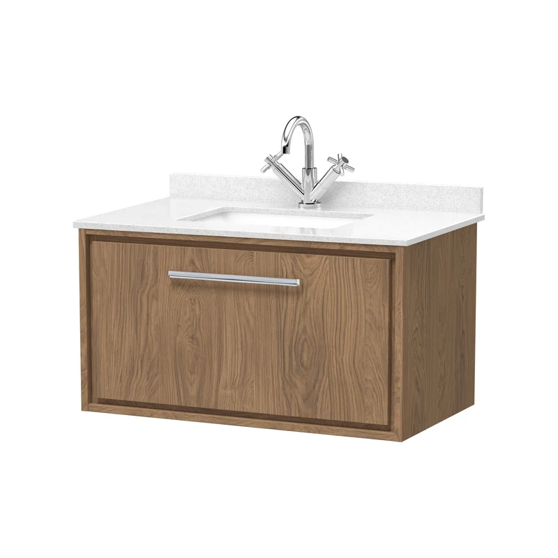 Lille 800mm Wall Hung 1 Drawer Vanity Unit & White Marble Worktop & Ceramic Bowl - Antique Oak Woodgrain