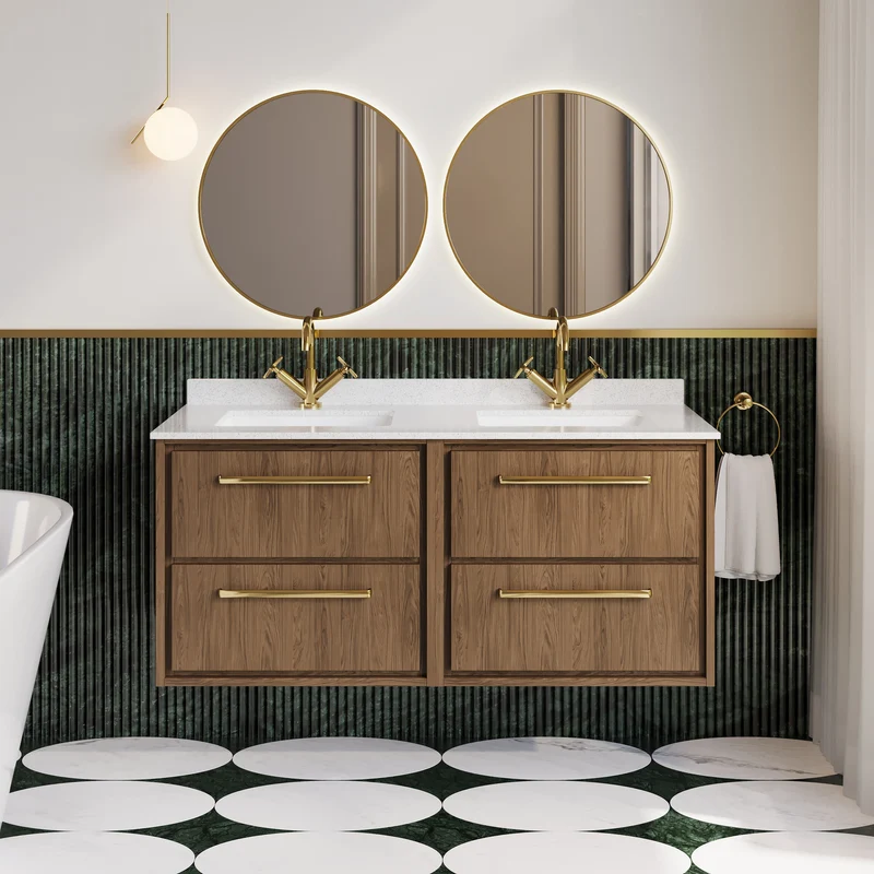 Lille 1200mm Wall Hung 4 Drawer Vanity Unit & White Marble Worktop & 2 Ceramic Bowls - Antique Oak Woodgrain