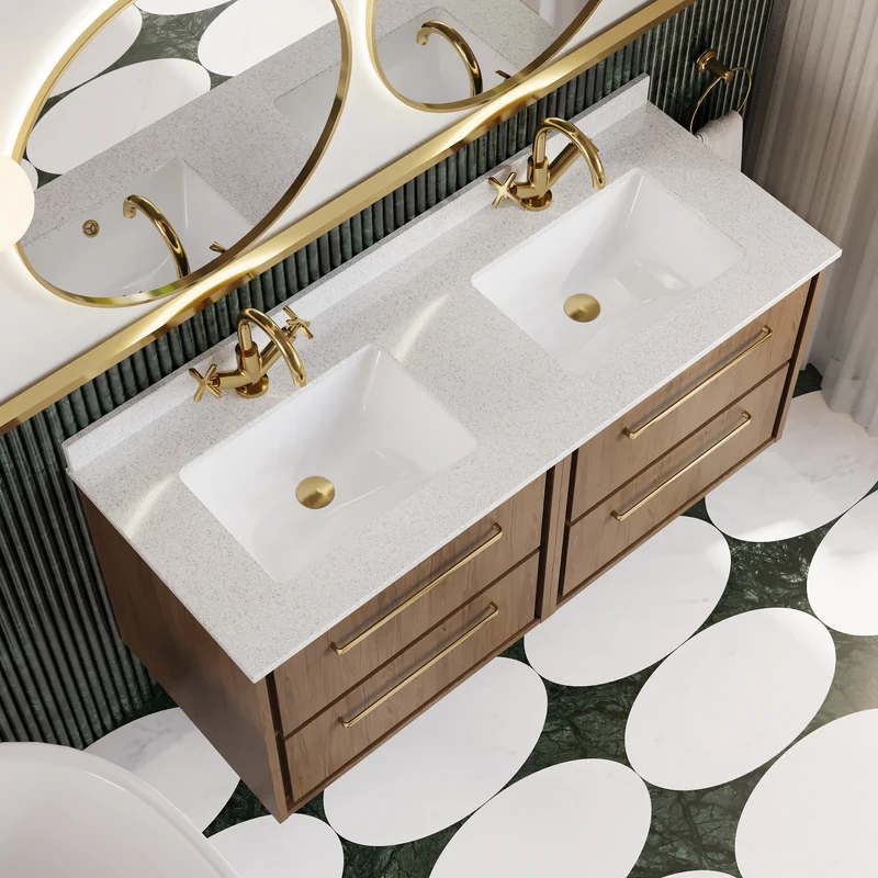 Lille 1200mm Wall Hung 4 Drawer Vanity Unit & White Marble Worktop & 2 Ceramic Bowls - Antique Oak Woodgrain