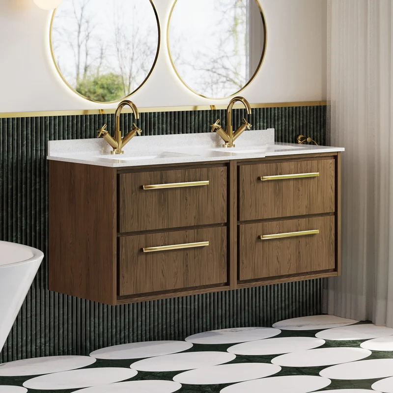 Lille 1200mm Wall Hung 4 Drawer Vanity Unit & White Marble Worktop & 2 Ceramic Bowls - Antique Oak Woodgrain