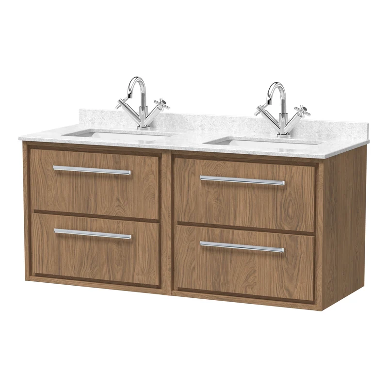 Lille 1200mm Wall Hung 4 Drawer Vanity Unit & White Marble Worktop & 2 Ceramic Bowls - Antique Oak Woodgrain