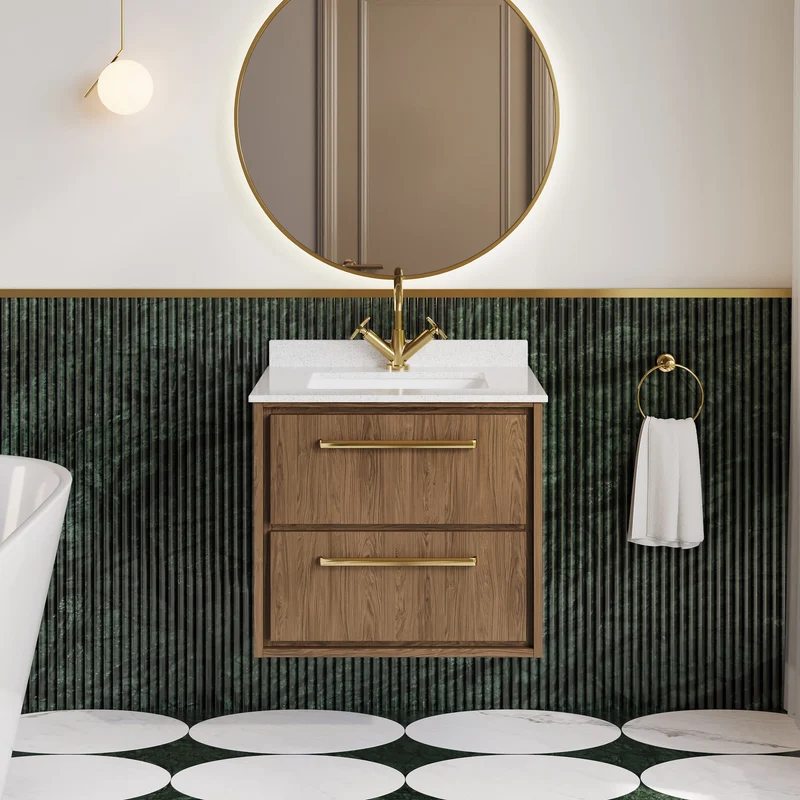 Lille 600mm Wall Hung 2 Drawer Vanity Unit & White Marble Worktop & Ceramic Bowl - Antique Oak Woodgrain