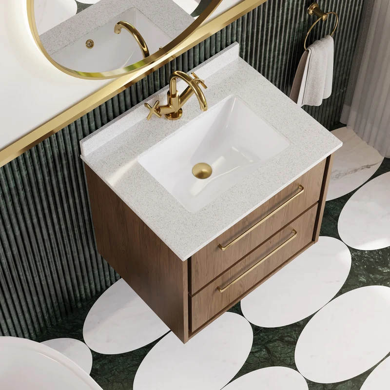 Lille 600mm Wall Hung 2 Drawer Vanity Unit & White Marble Worktop & Ceramic Bowl - Antique Oak Woodgrain