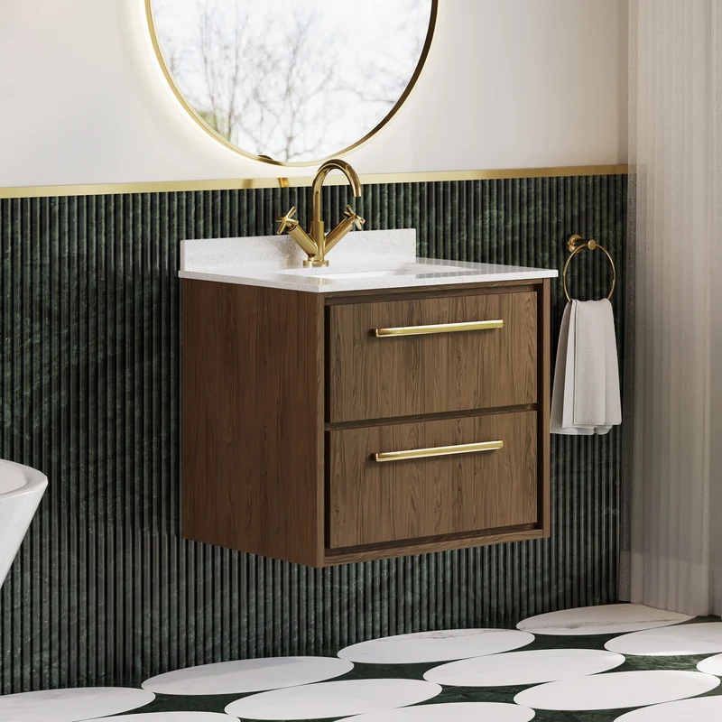 Lille 600mm Wall Hung 2 Drawer Vanity Unit & White Marble Worktop & Ceramic Bowl - Antique Oak Woodgrain