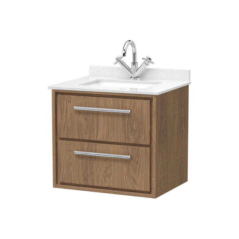 Lille 600mm Wall Hung 2 Drawer Vanity Unit & White Marble Worktop & Ceramic Bowl - Antique Oak Woodgrain