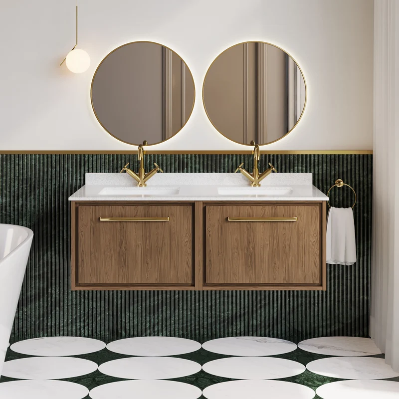 Lille 1200mm Wall Hung 2 Drawer Vanity Unit & White Marble Worktop & 2 Ceramic Bowls - Antique Oak Woodgrain