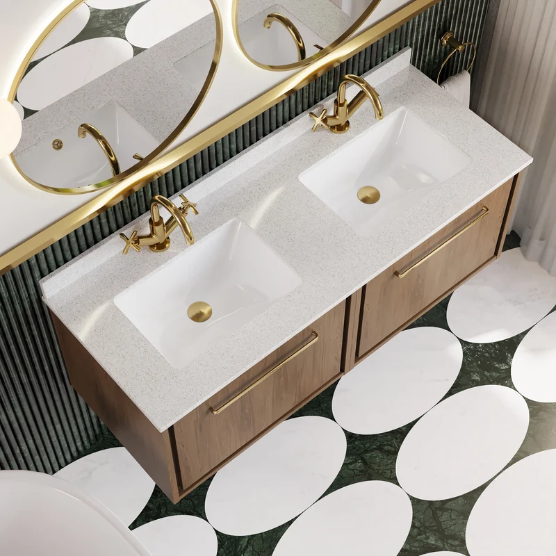 Lille 1200mm Wall Hung 2 Drawer Vanity Unit & White Marble Worktop & 2 Ceramic Bowls - Antique Oak Woodgrain