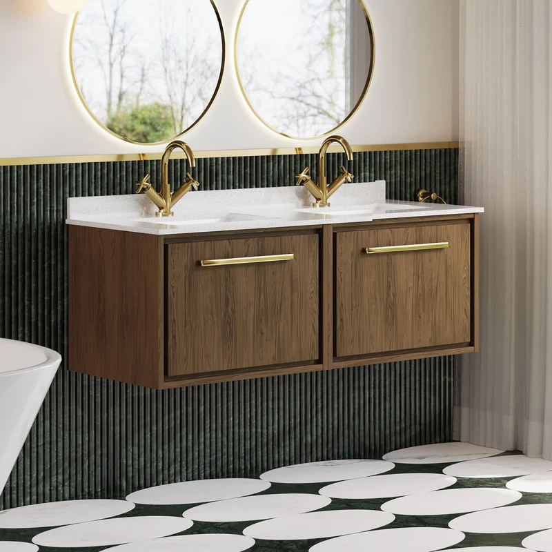 Lille 1200mm Wall Hung 2 Drawer Vanity Unit & White Marble Worktop & 2 Ceramic Bowls - Antique Oak Woodgrain
